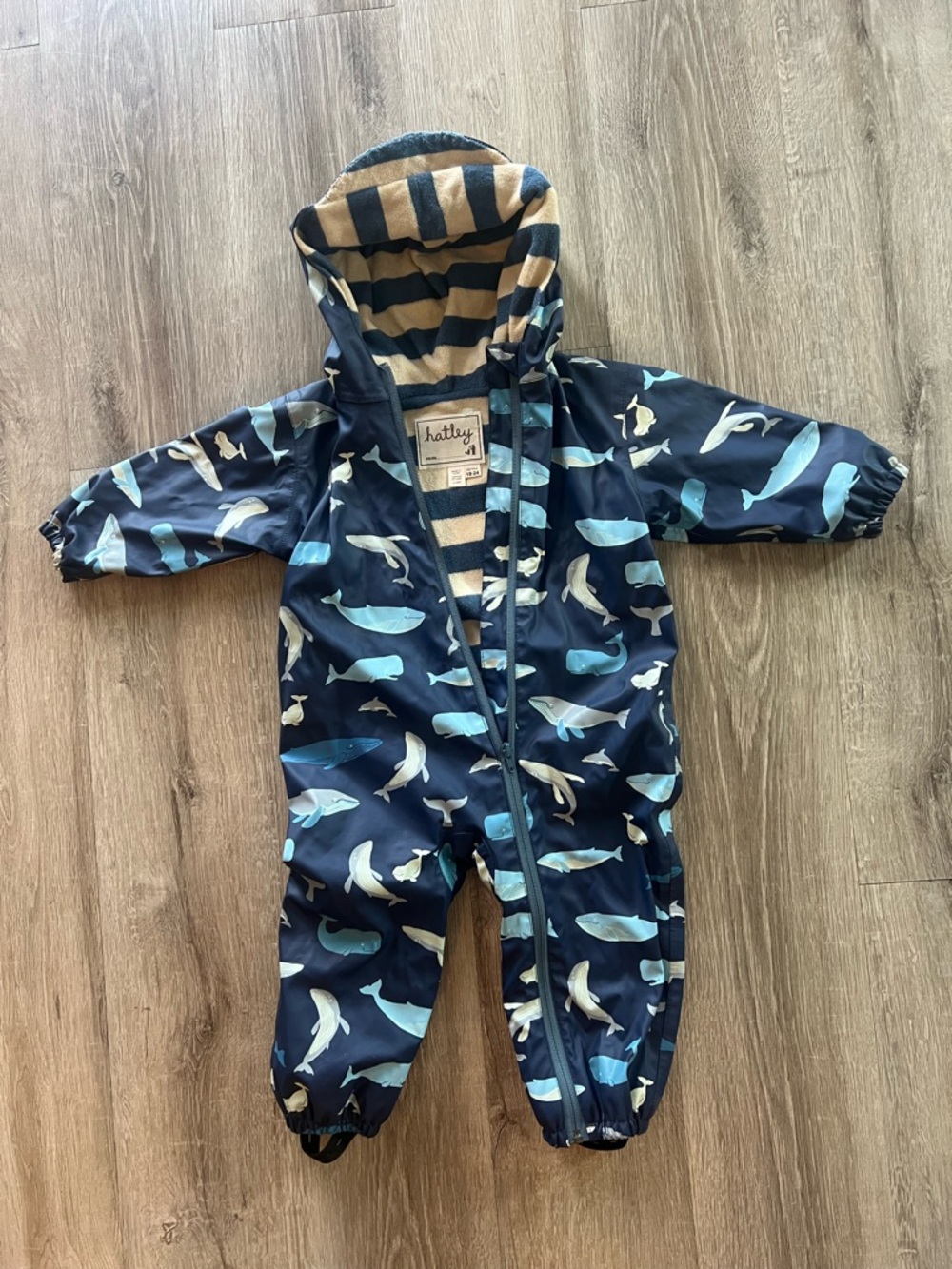 Hatley Navy Whale Print Hooded One-Piece Rain Suit with Light Blue Accents